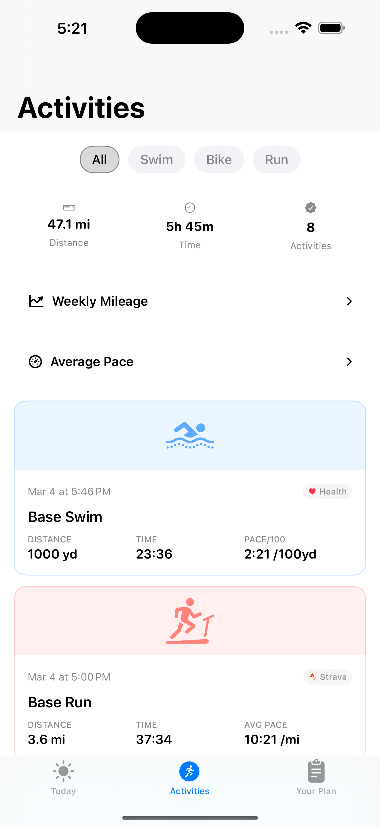 Activities view showing completed workouts with pace data