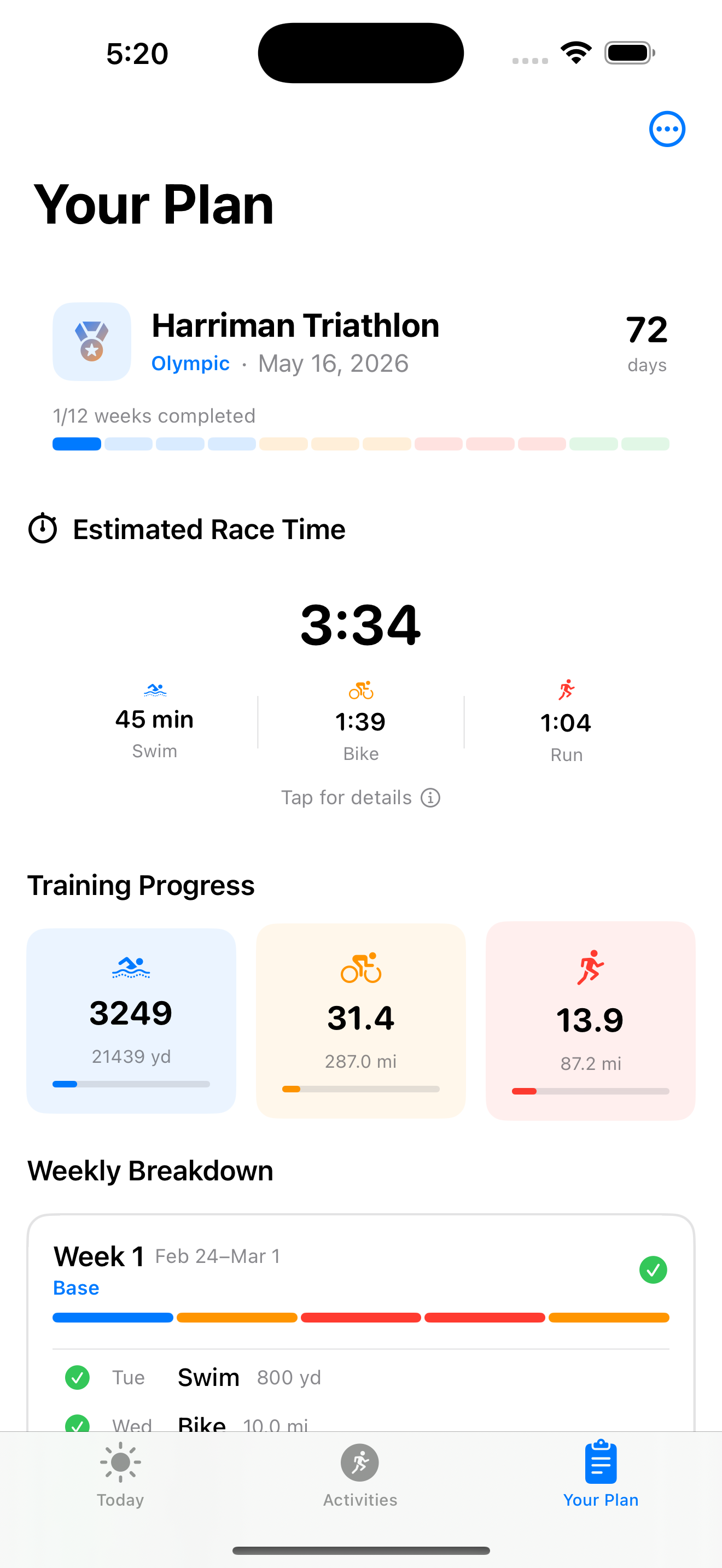 Your Plan showing race time estimate and training progress