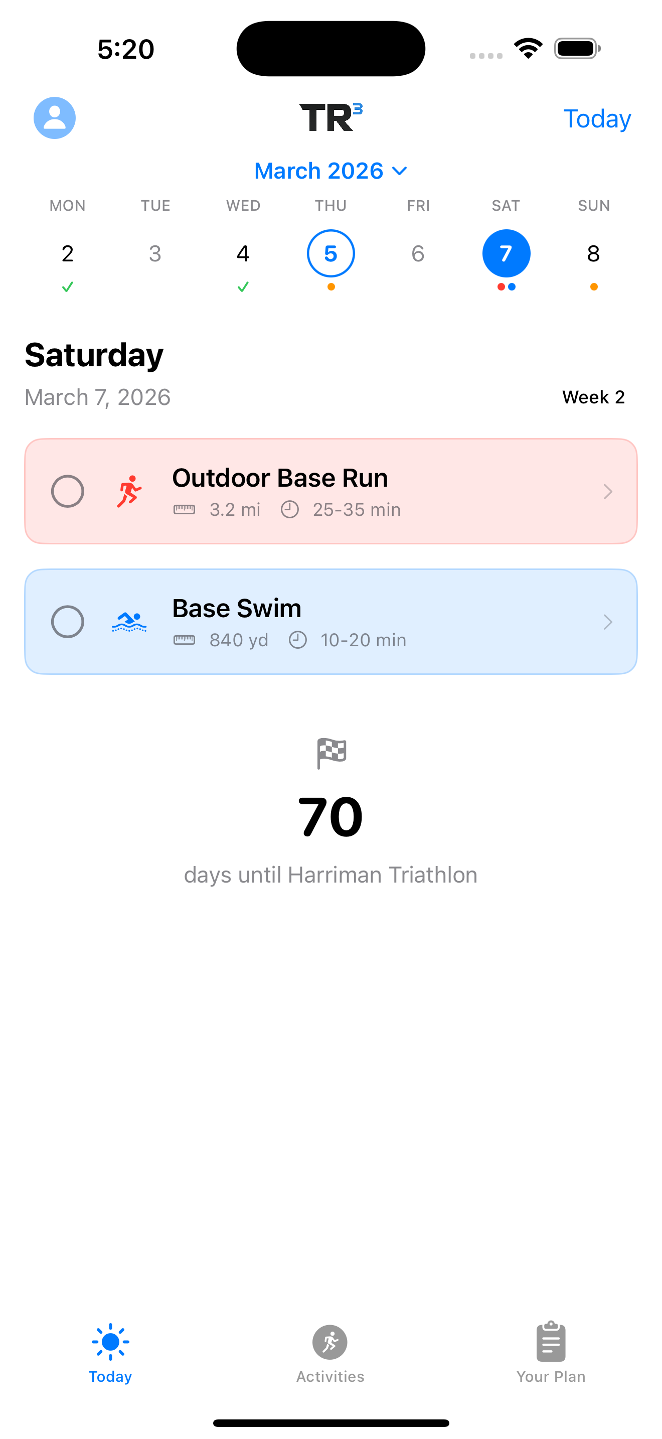 Today view showing daily workouts and race countdown